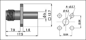 製図：4穴フランジ付ジャック(圧着タイプ)1.5D／RG-174・316・188用 Brass