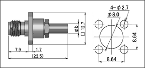 製図：4穴フランジ付ジャック(圧着タイプ)RG-174・316・188／RG-223・55・142用 SUS