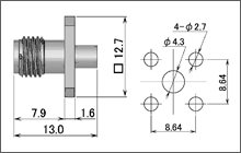 製図：4穴フランジ付ジャック(はんだタイプ)085／141用 Brass